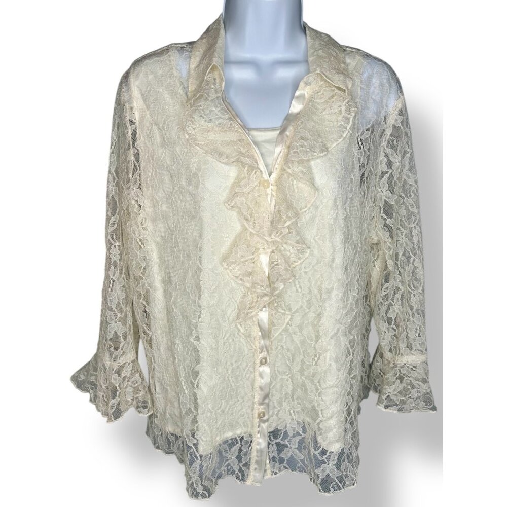 Vintage Lace Ruffle Button-Down Blouse Cream Romantic 2 Piece Set